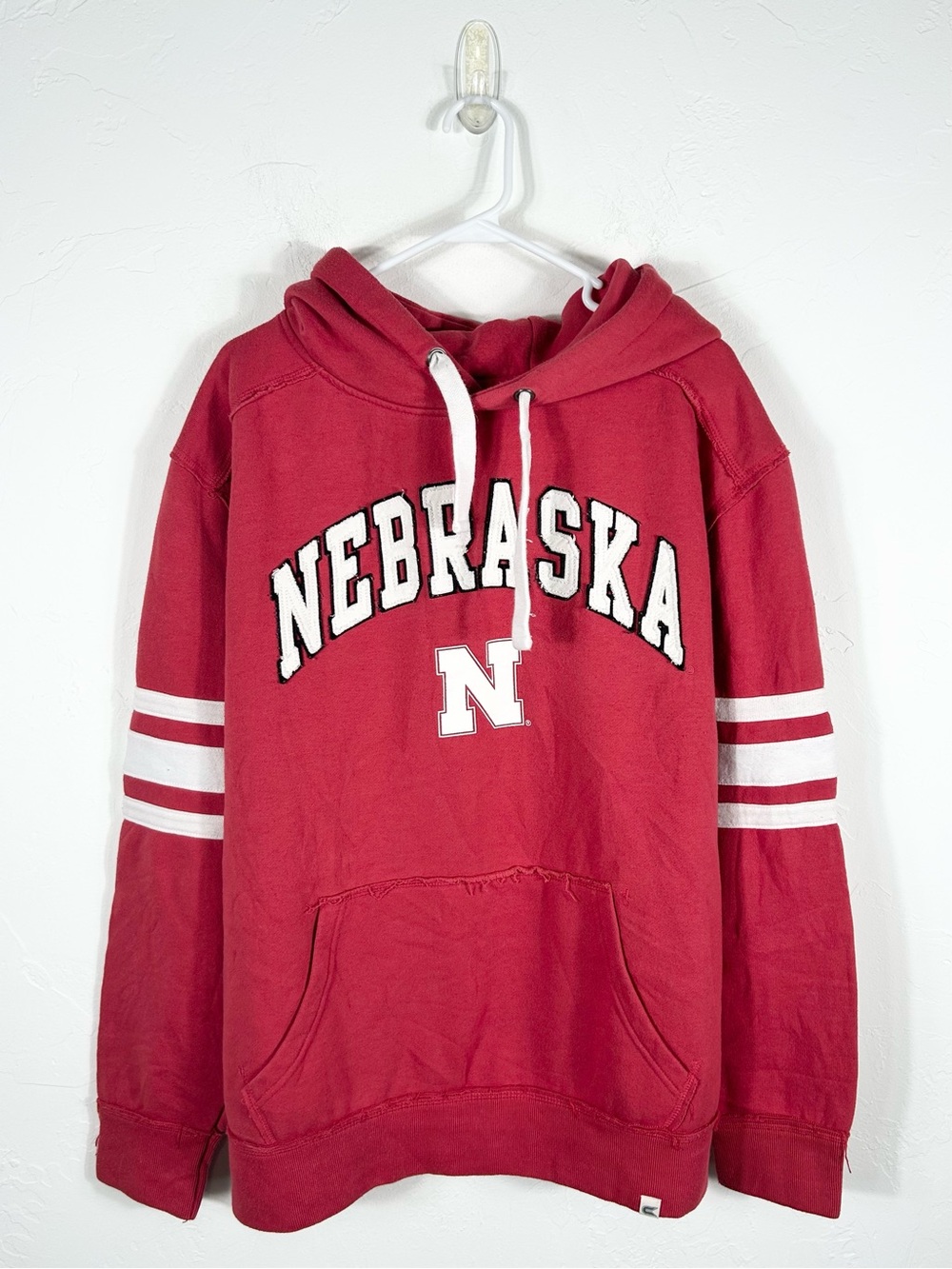 👁️ VTG Nebraska Huskers Colosseum Red Pullover Varsity Stripe Hoodie Mens XL